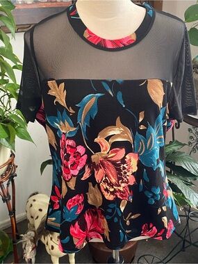 SHEIN Black Floral Mesh Yoke Top with Pink & Teal Accents